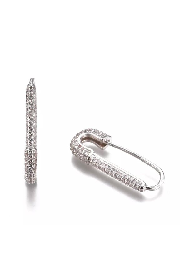 Brass Hoop Earrings Rhinestone Safety Pin Clip Silver Clear Fashion Jewelry Z313