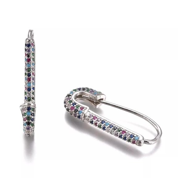 Brass Hoop Earrings Rhinestone Safety Pin Clip Silver Multicolor Fashion Jewelry Z313