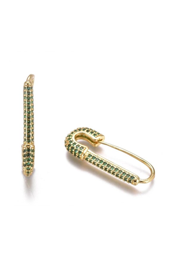 Brass Hoop Earrings Rhinestone Safety Pin Clip Gold Green Fashion Jewelry Everyday Wear Z313
