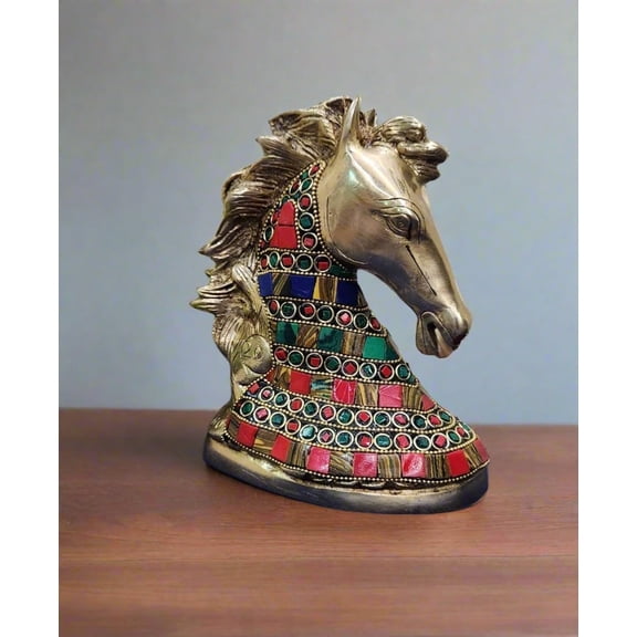 Brass Horse Head Dcor Artisan Crafted with Stone Work for Power & Prestige
