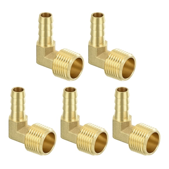 Brass Hose Barbed Elbow Fitting, 5 Pack 3/8" Barbx1/2" NPT Male 90 Degree