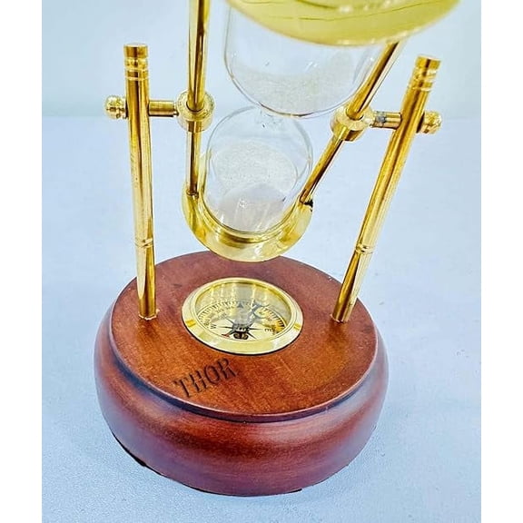 Brass Hourglass 5" Sand Timer Sandglass Timer with Sparkling White Sand for Home Kitchen and Office Table Desk Brown Wooden Base with Compass