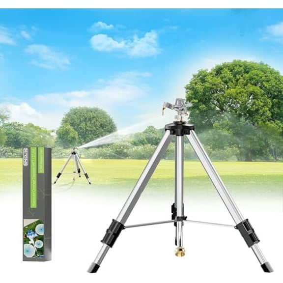 Brass Impact Sprinkler on Tripod Base, 50 Heavy Duty Metal Pulsating Telescoping Sprinkler, 360 Degree Irrigation for Large Area, Yard, Lawn, Waters up to 90ft, Covering up to 6360sqft