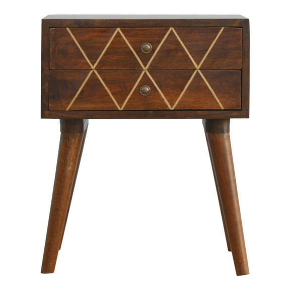 Brass Inlay Bedside Table. Elevate Your Home Aesthetic. Chestnut Wood+metal. 17.47 In. Depth, 13.86 Width, 22.13 Height, 23.72 Lb. Weight. Modern Appeal Timeless Bedside. Transform Bedroom Decor.