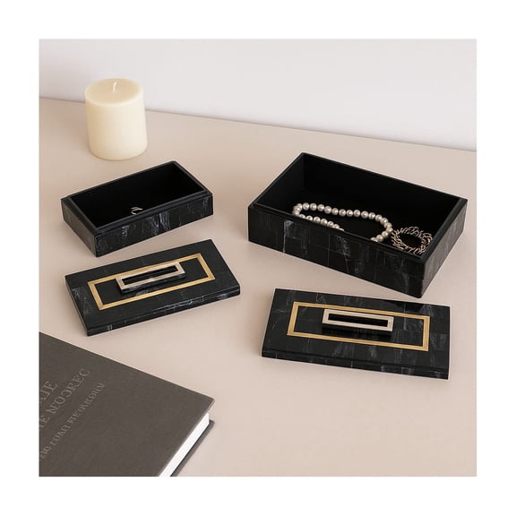 Brass Inlay with Hardware Decorative Boxes for Home Decor - Modern Keepsake Storage for Living Room Styling - Jewelry Organizer Box Accent for Bedroom Vanity Display - Set of 2, 5", 4", Black & Gold