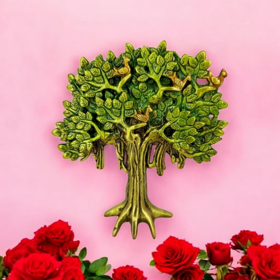 Brass Kalpavriksha Tree, 8-Inch, Tree of Life Sculpture with Golden Roots