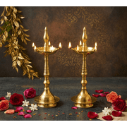 Brass Kerala Samai Oil Lamp Set of 2, 8.5 Inch Traditional Panchmukhi Kutthu Vilakku Diya