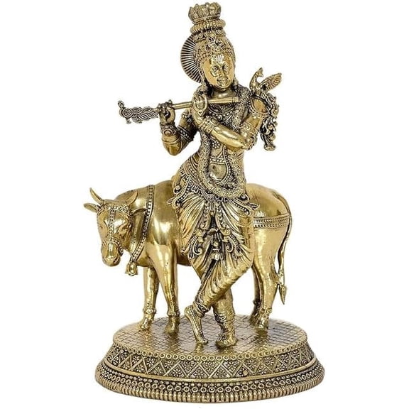 Brass Krishan Playing Flute Statue with Cow staue Idol for Home Temple
