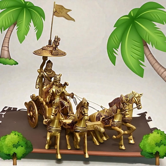Brass KrishnaArjuna Rath Idol | Mahabharata Chariot Sculpture | Handcrafted Brass Showpiece (22.9 21.6 22 cm)