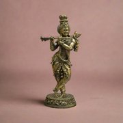 Brass Krishna Idol Playing Flute   Divine Symbol of Love, Harmony & Prosperity for Pooja & D cor