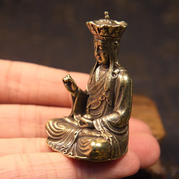Brass Ksitigarbha Buddha Statue Mini Vintage Pocket Altar Figurine Buddhist Home Decor Ornament Travel Size Sculpture