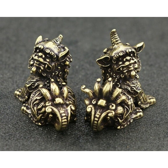 Brass Kylin Statue Guardian Unicorn Pair Beast Lucky Chinese Feng Shui Decor