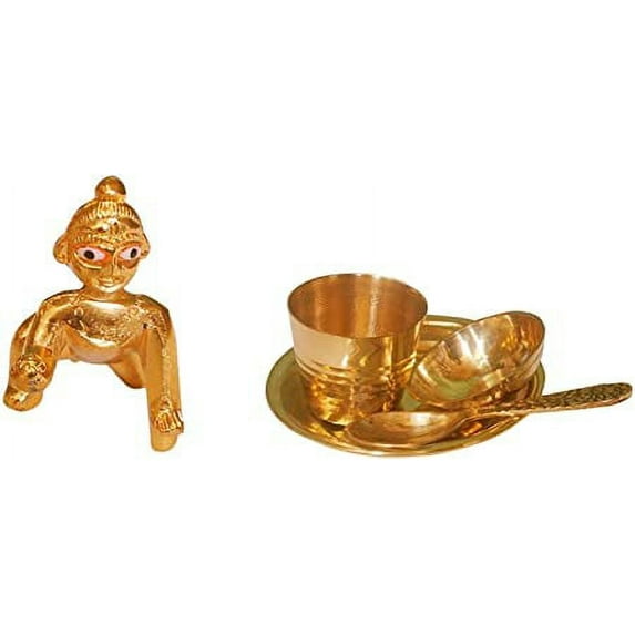 Brass Laddu Gopal Ji Figurine With Gopal Ji's Utensils Set/Bhoj Thali