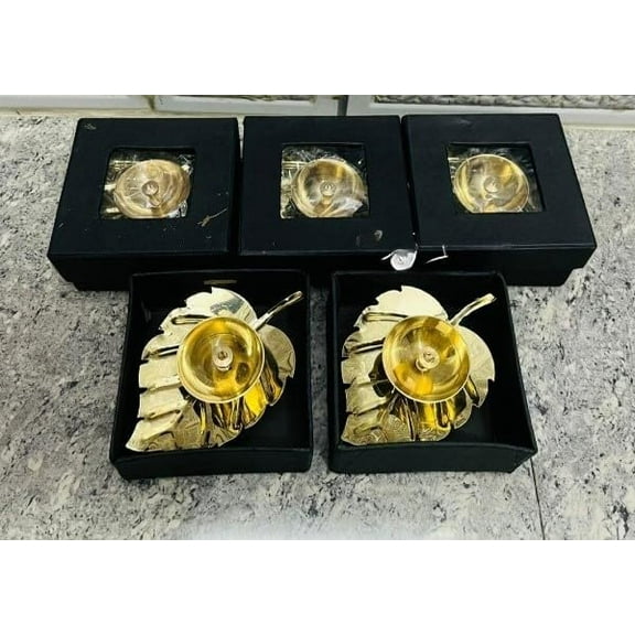 Brass Leaf diya with black box , set of 5 pieces for home dcor