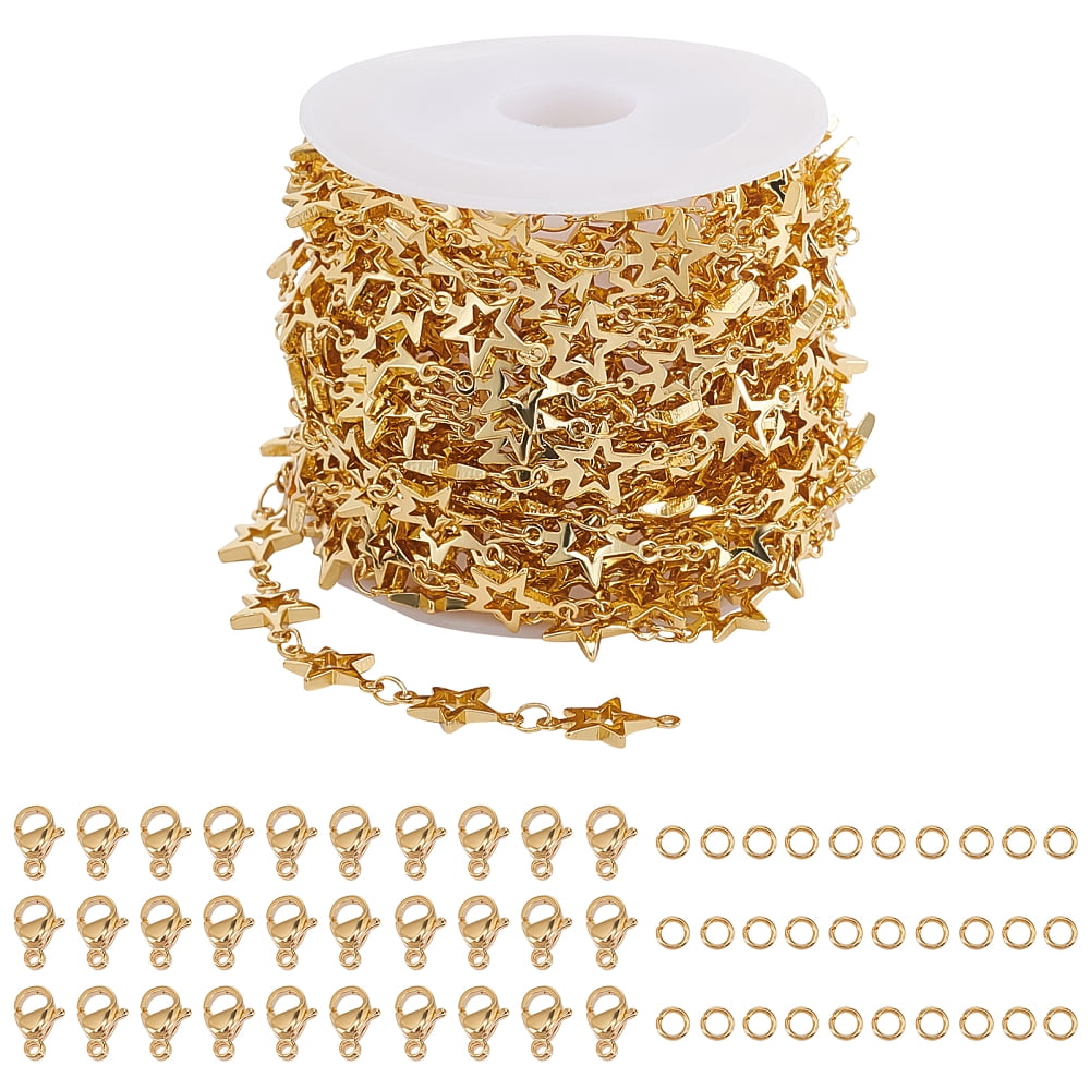 Brass Link Chain Making with 304 Stainless Steel Open Jump Rings Lobster Claw Clasps Real 18K Gold Plated 3.5x3x0.5mm 5m
