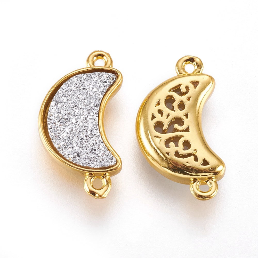 Brass Links connectors with Druzy Resin Moon Golden WhiteSmoke 18.5~19x10~10.5x3.5~4mm Hole: 1mm