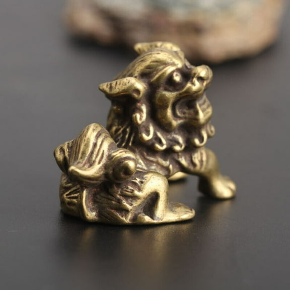 Brass Lion Statue A PAIR Chinese Collection Old Asian Fengsshui Ornaments Gifts