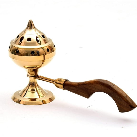 Brass Lobadan Incense Burner with Wooden Handle Traditional Brass Puja Accessory for Home Fragrance, Spiritual Rituals, and Gifting