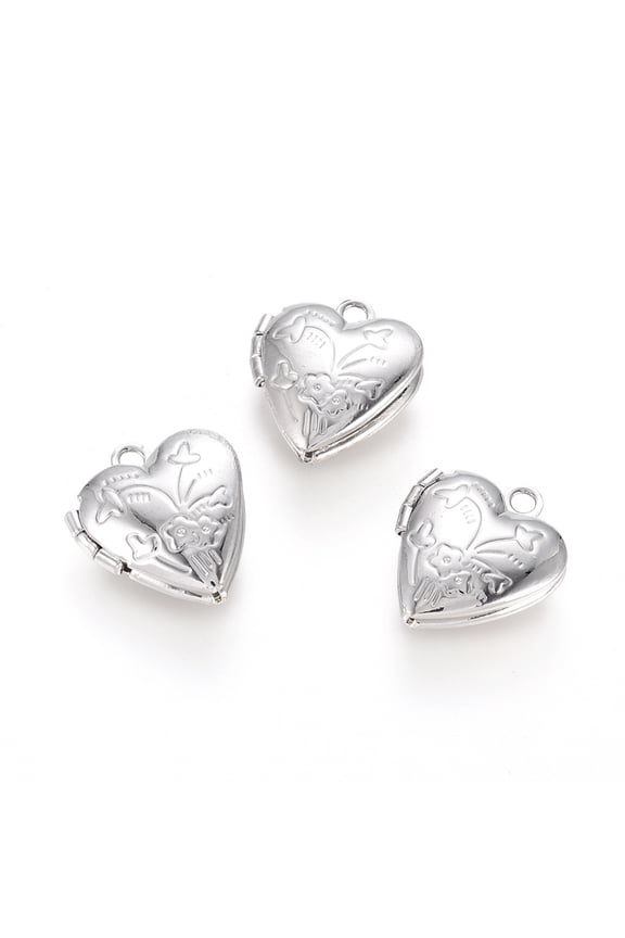 Brass Locket Pendants Photo Frame Charms for Necklaces Heart Platinum 15.2x13.2x4.6mm Hole: 1.6mm Inner Measure: 6.3x8mm
