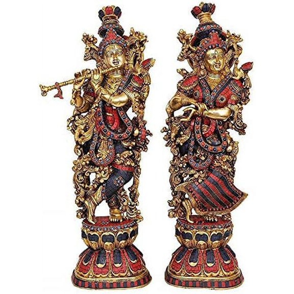 Brass Lord Radha Krishna Couple Bhagwan Large Statue Turquoise Murti for Home Decor Pooja Temple Room Gallery Height 29 Inch