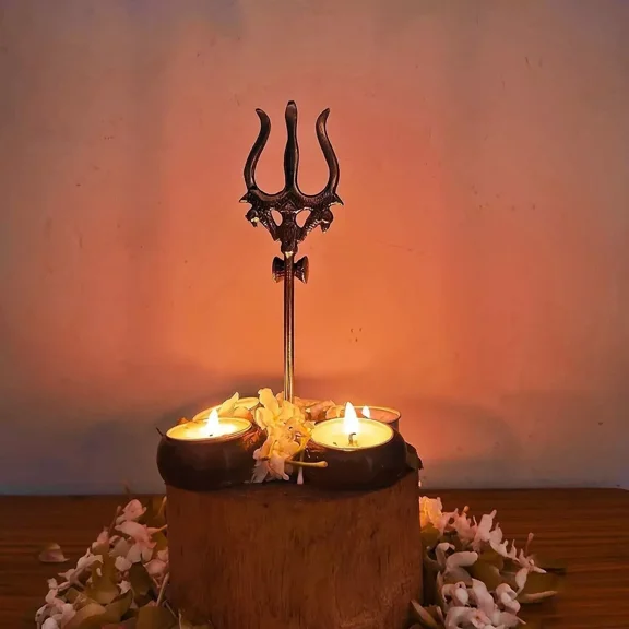 Brass Lord Shiva Trishool With Damru Handmade Religious Trishula For Pooja -5"