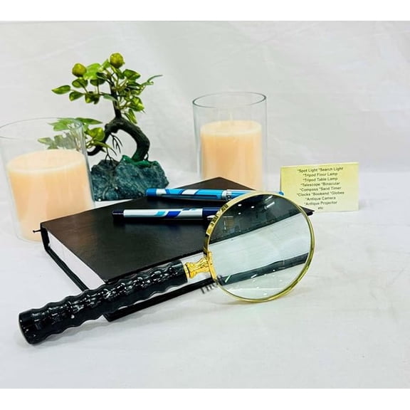 Brass Magnifier Lens with Resin Handle Dia. 4" Magnify Mirror for Reading and Study Table