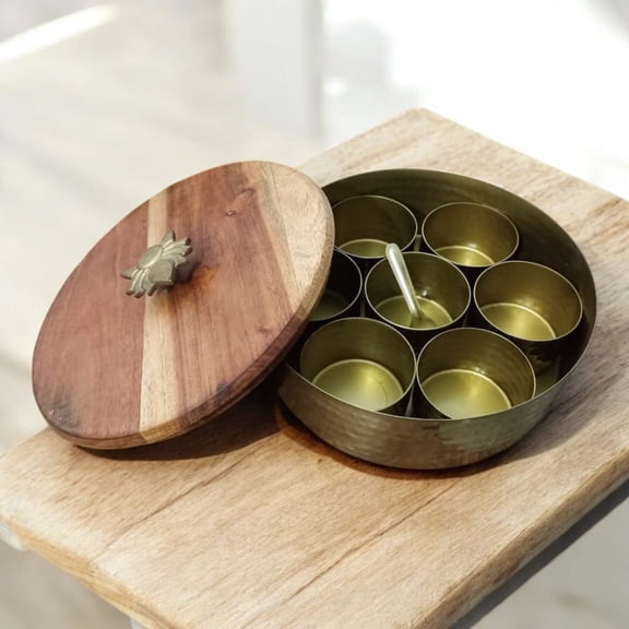 Brass Masala Box With Wood Lid Handmade Spice Storage Container For Home