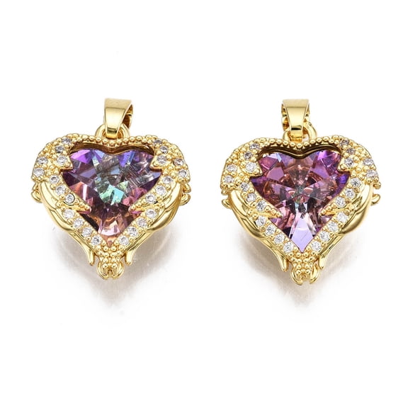 Brass Medium Violet Red Cubic Zirconia Pendants Nickel Free Heart Real 16K golden Plated 16.5x15.5x7.5mm Hole: 3mm