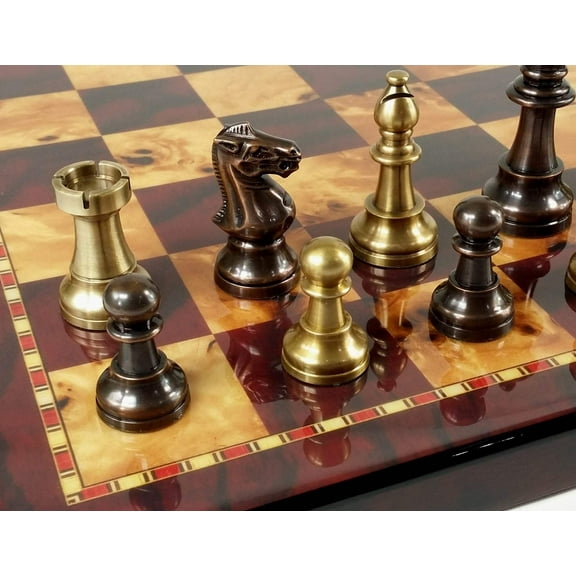 Brass Metal Antique Bronze Color Staunton French Chess Set 18 Cherry Color Board