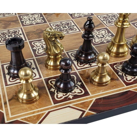 Brass Metal Antique Bronze Staunton French Chess Set 17" Burl wood Color Board
