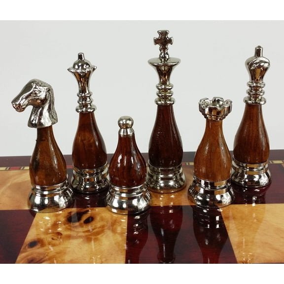 Brass Metal Black Chrome Black W/ Wood Inserts Staunton Chess Men Set NO Board