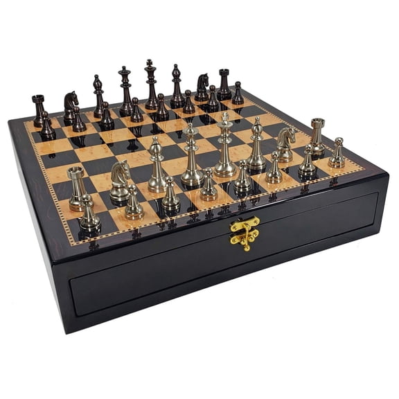 Brass Metal Bronze Silver Classic Staunton Chess Set Walnut Color Storage Boar