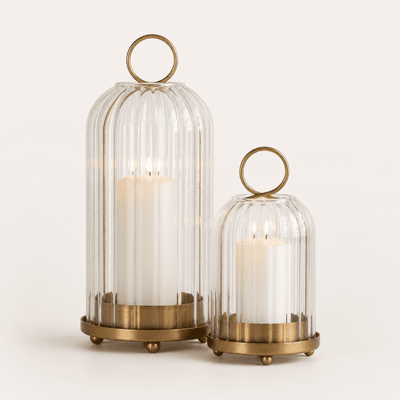Brass Metal Candle Holder Set of 2 Ribbed Hurricane Lanterns