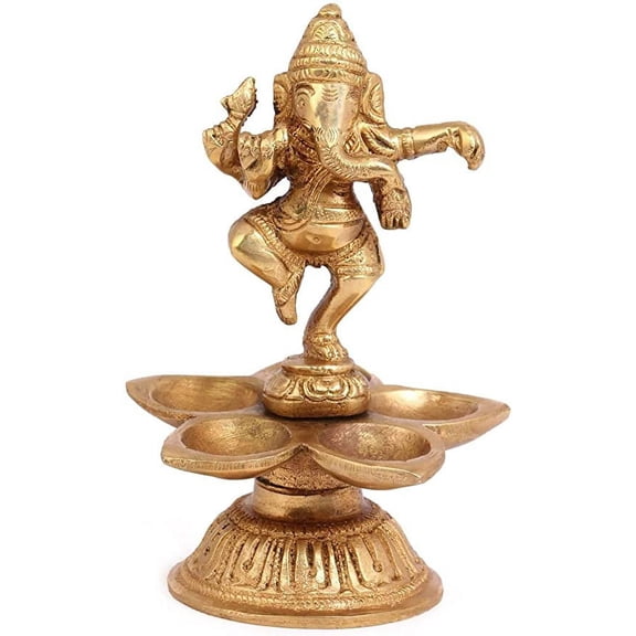 Brass Metal Dancing Ganesh Diya with 5 Wick Holder with Stand for Pooja Light for Home Dcor Diwali Arti Table Mandir Diffuser Jyot Temple