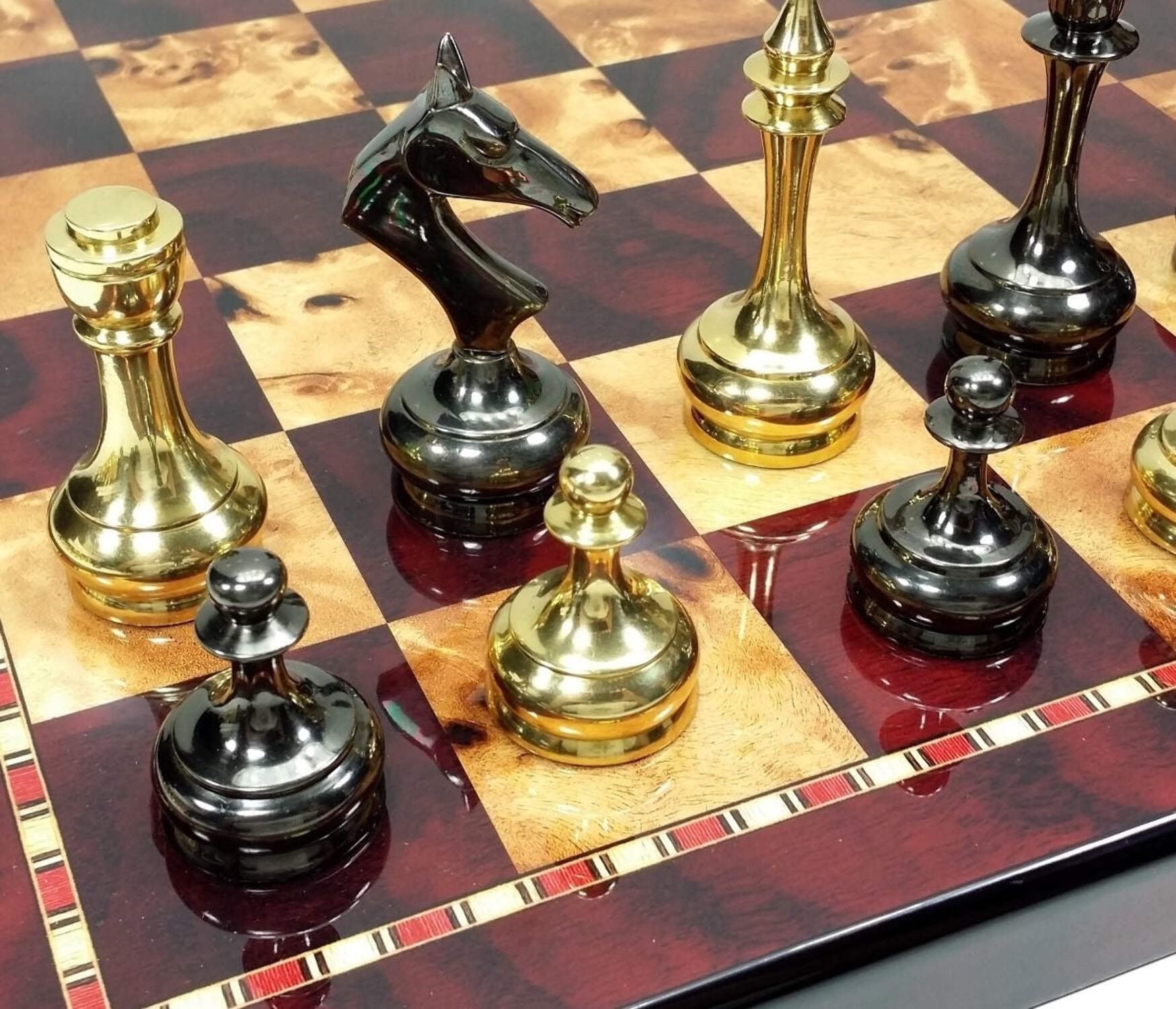 Brass Metal Gold  Black Modern Slim Staunton Chess Set 18" Cherry Color Board