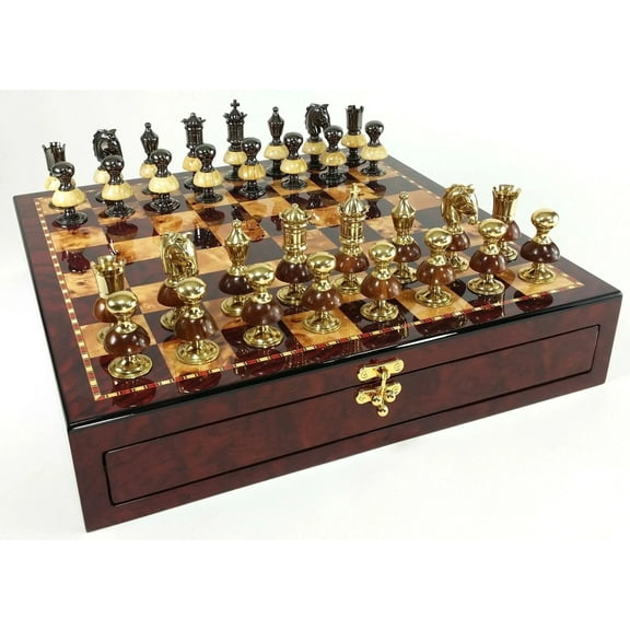 Brass Metal Gold  Black Royal Staunton Chess Set Cherry Color 17"Storage Board