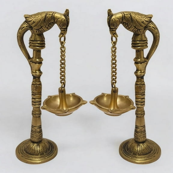 Brass Metal Set of 2 Parrot Bird Hanging Diya Oil Lamp Jyot For Temple, Home Office Decorative Gift 7.5 in