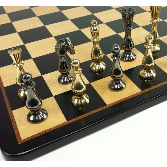 Brass Metal Spiked Qn Staunton Chess Set Gold Black W/ 17 1/4" Black Board