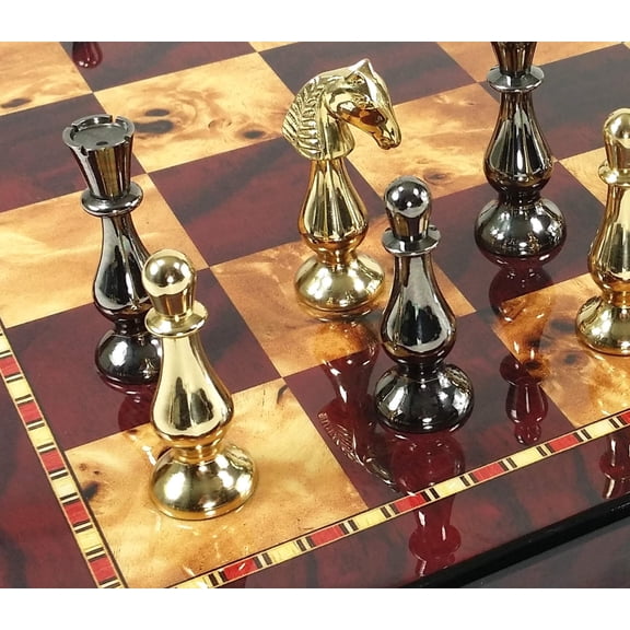 Brass Metal Spiked Qn Staunton Chess Set Gold Black W/ 18" Cherry Color Board