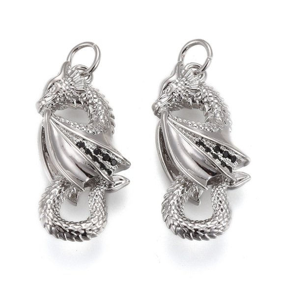 Brass Micro Pave Black Cubic Zirconia Pendants with Jump Rings Long-Lasting Plated Dragon Shape Real Platinum Plated 24x12x7mm Hole: 3mm DIY