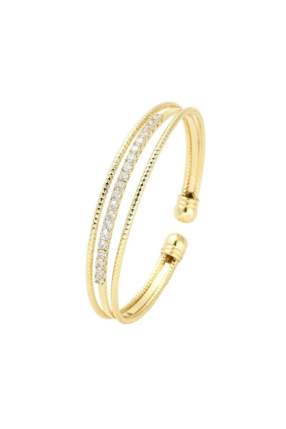 Brass Micro Pave Clear Cubic Zirconia 3-Line Open Cuff Bangles for Women Real 18K golden Plated 1/4~3/8 inch(0.7~0.95cm) Inner Diameter: 2-1/4x2 inch(5.7x5cm)
