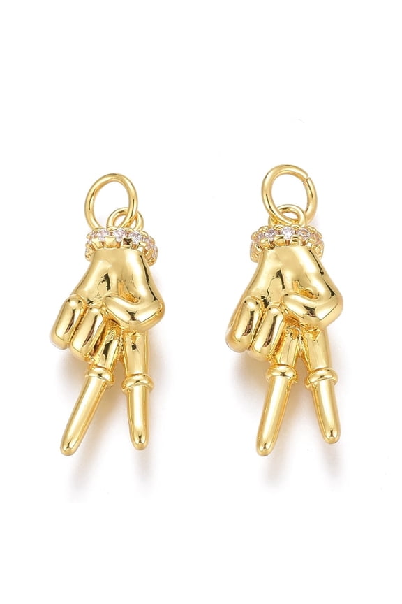 Brass Micro Pave Clear Cubic Zirconia Pendants Peace Hand Charms Long-Lasting Plated with Jump Rings Yeah Gesture Pendants Real 18K Gold Plated 21x9x5.5mm Hole: 3mm Jump Ring: 5x1mm