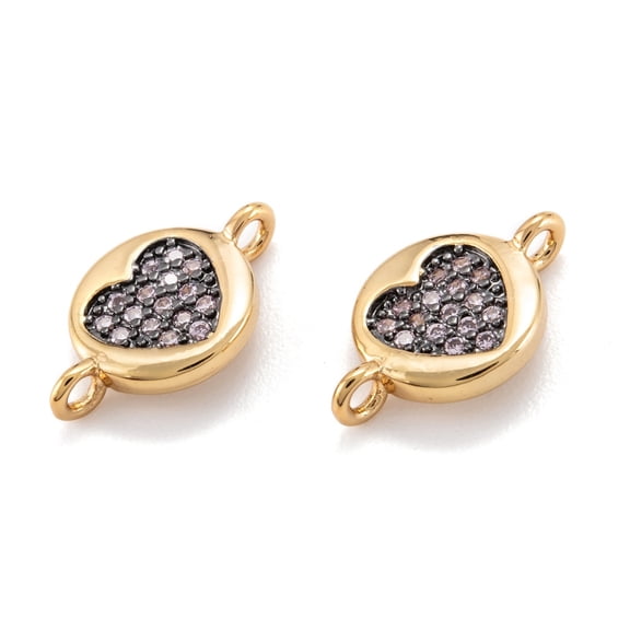 Brass Micro Pave Clear Cubic Zirconia Beads Links Connectors Long-Lasting Plated Flat Round with Heart Real 18K golden Plated 13x8x3mm Hole: 1.4mm
