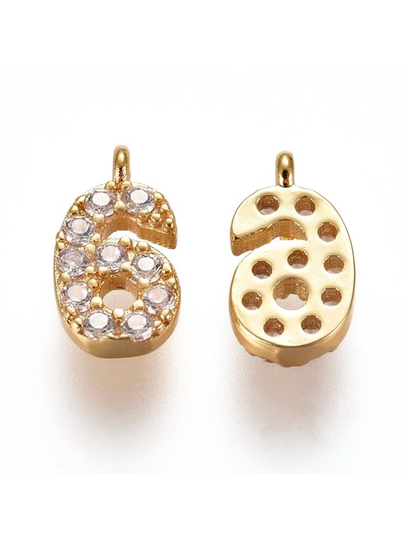 Brass Micro Pave Clear Cubic Zirconia Charms Number Golden Num.6 9.5~10x4~6.5x2mm Hole: 0.8mm