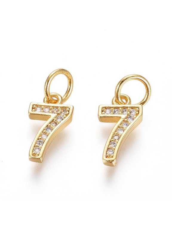Brass Micro Pave Clear Cubic Zirconia Charms with Jump Ring Number Real 18K golden Plated Num.7 11x6x2mm Hole: 3mm