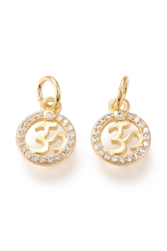 Brass Micro Pave Clear Cubic Zirconia Charms with Jump Rings Cadmium Free Lead Free Long-Lasting Plated Flat Round with Aum/Om Symbol