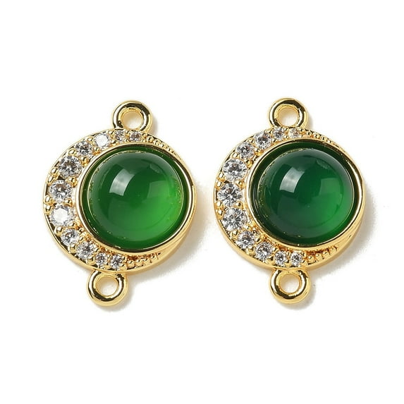 Brass Micro Pave Clear Cubic Zirconia Connector Charms Flat Round Natural Green Onyx Agate(Dyed & Heated) Links Real 18K golden Plated 17.5x12.5x5.5mm Hole: 1.5mm