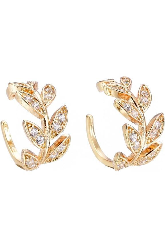 Brass Micro Pave Clear Cubic Zirconia Cuff Earrings Leafy Branches Design Cubic Zirconia Silver Gold Non Pierced Cartilage Conch EarringsGolden 12mm