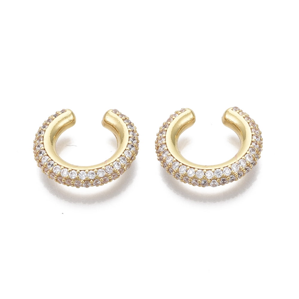 Brass Micro Pave Clear Cubic Zirconia Cuff Earrings Nickel Free Ring Real 18K Gold Plated 4x10.5mm