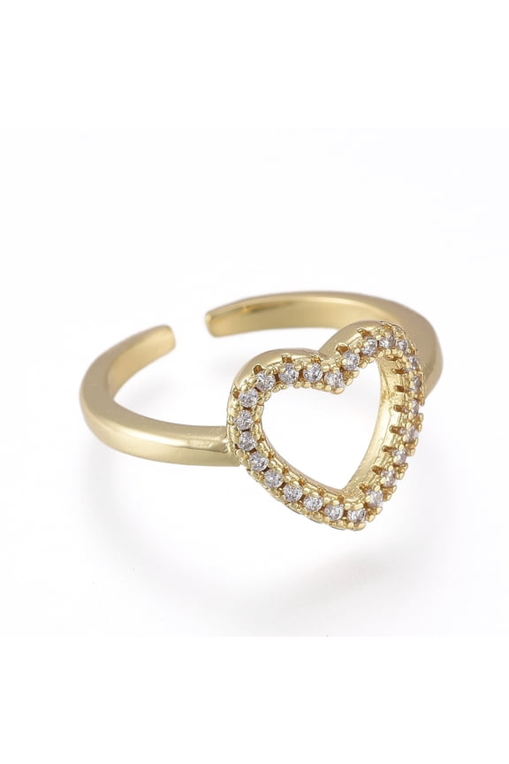Brass Micro Pave Clear Cubic Zirconia Cuff Rings Open Heart Rings Long-Lasting Plated Real 18K golden Plated US Size 6(16.5mm)